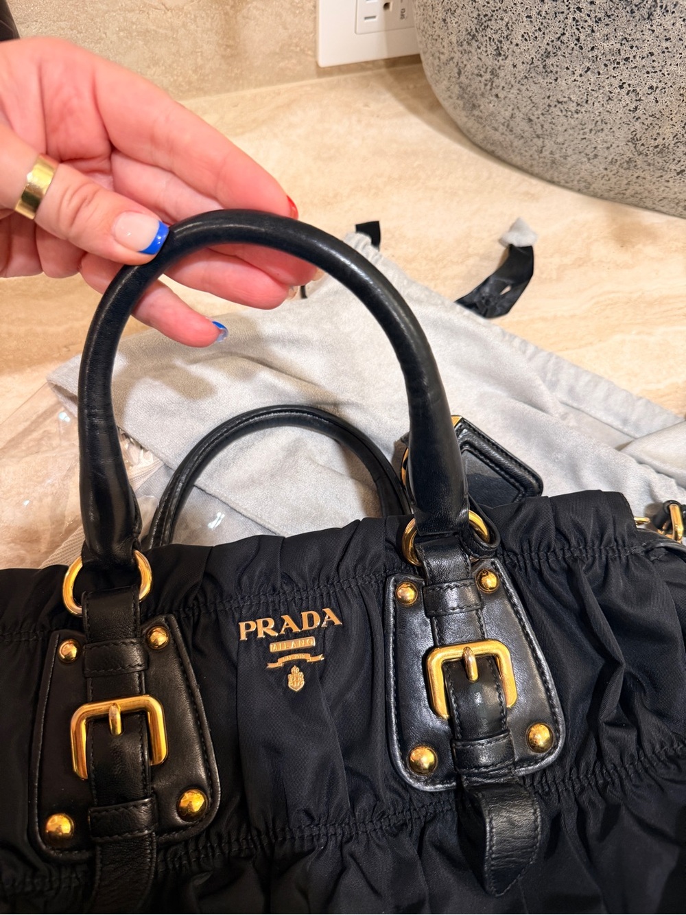 AUTHENTIC Prada Tessuto Black Nylon Ruched Shoulder Bag with Gold Hardware - Picture 12 of 16